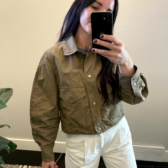 COS Linen Blend Twill Snap Button Crop Jacket Olive Green Women's Size 6 - Picture 1 of 7